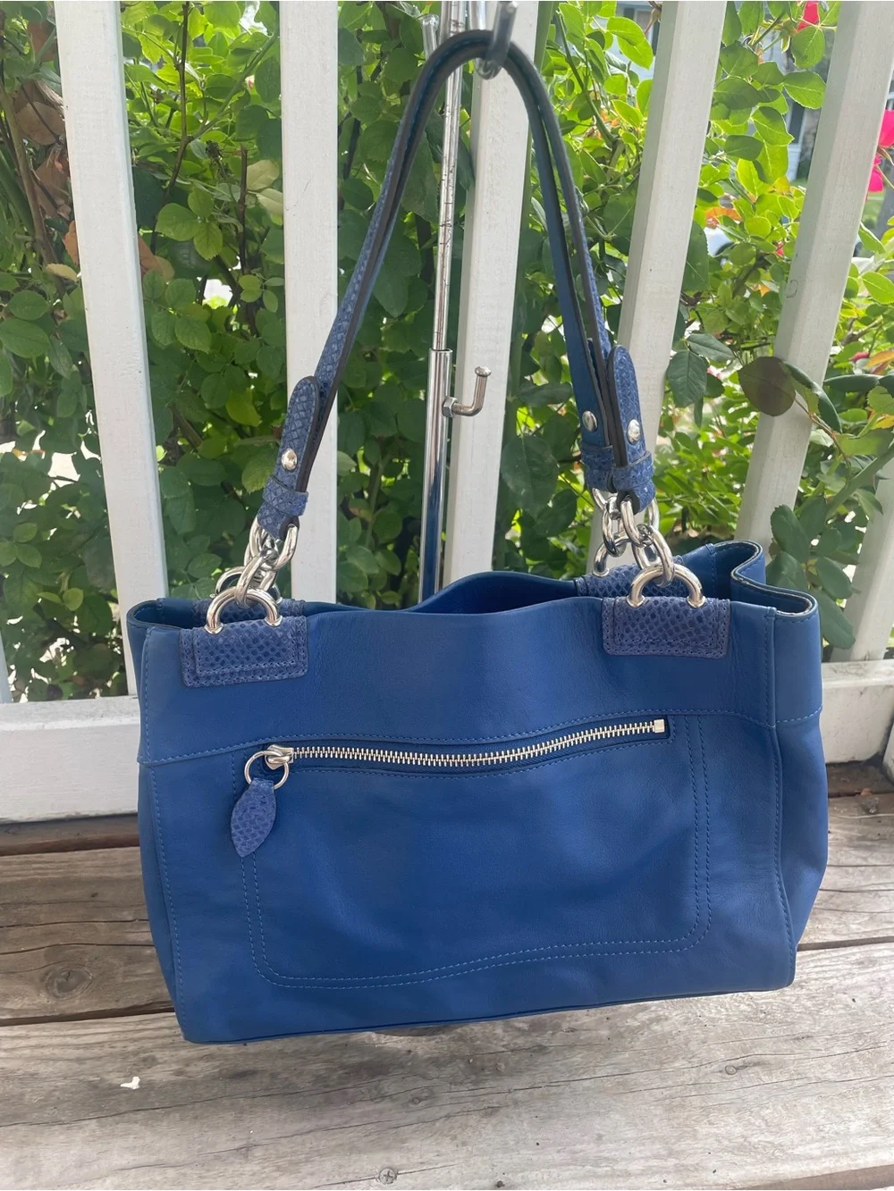 Coach Blue Leather-Trim Shoulder Tote with Turnlock
